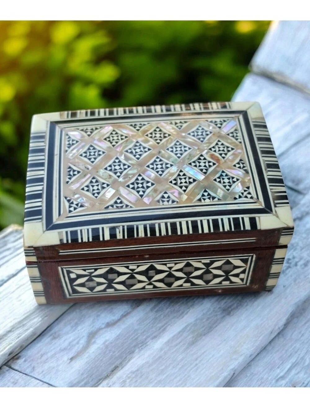 Vintage Egyptian Marquetry Wood Trinket Jewelry Box Mother of Pearl Inlay
